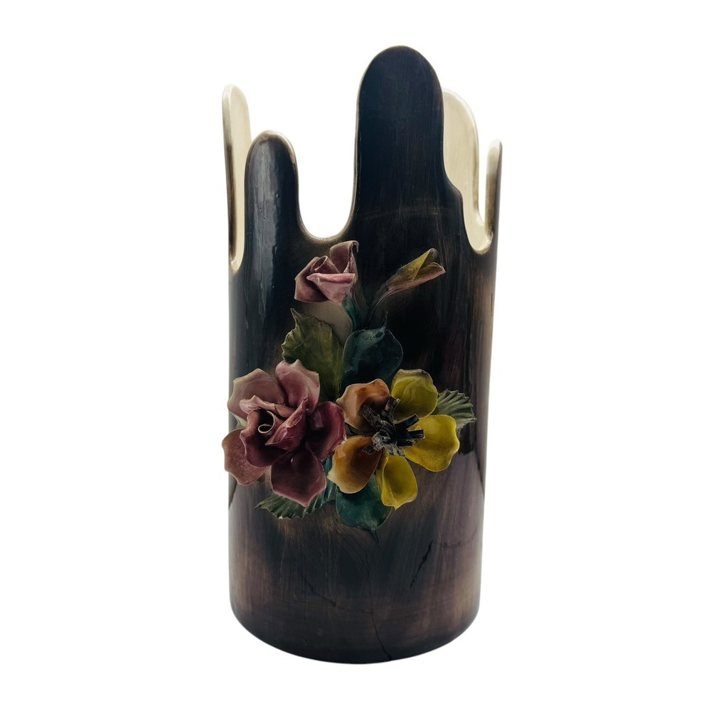 Capodimonte Pottery‎ Vase 13" Original Vintage Brown Pink Yellow Green Floral